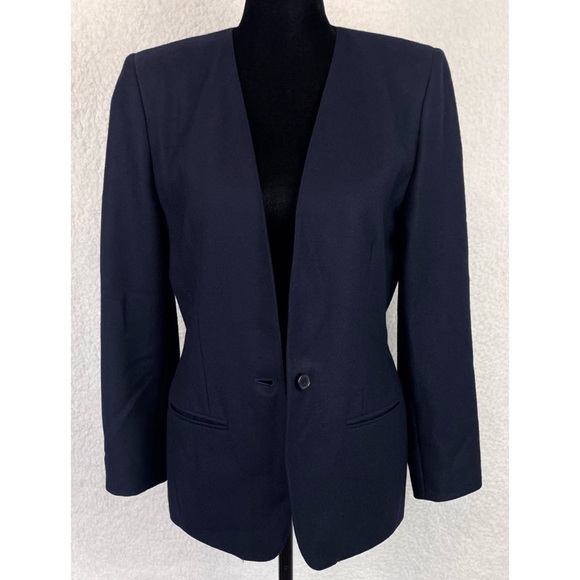 (VTG) JASON PRESCOTT • Petites Navy Blue Structured Pure Wool Blazer Jacket - Picture 13 of 13